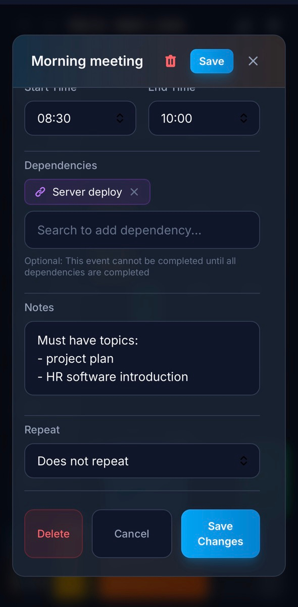 Task dependencies and deep notes attached to events